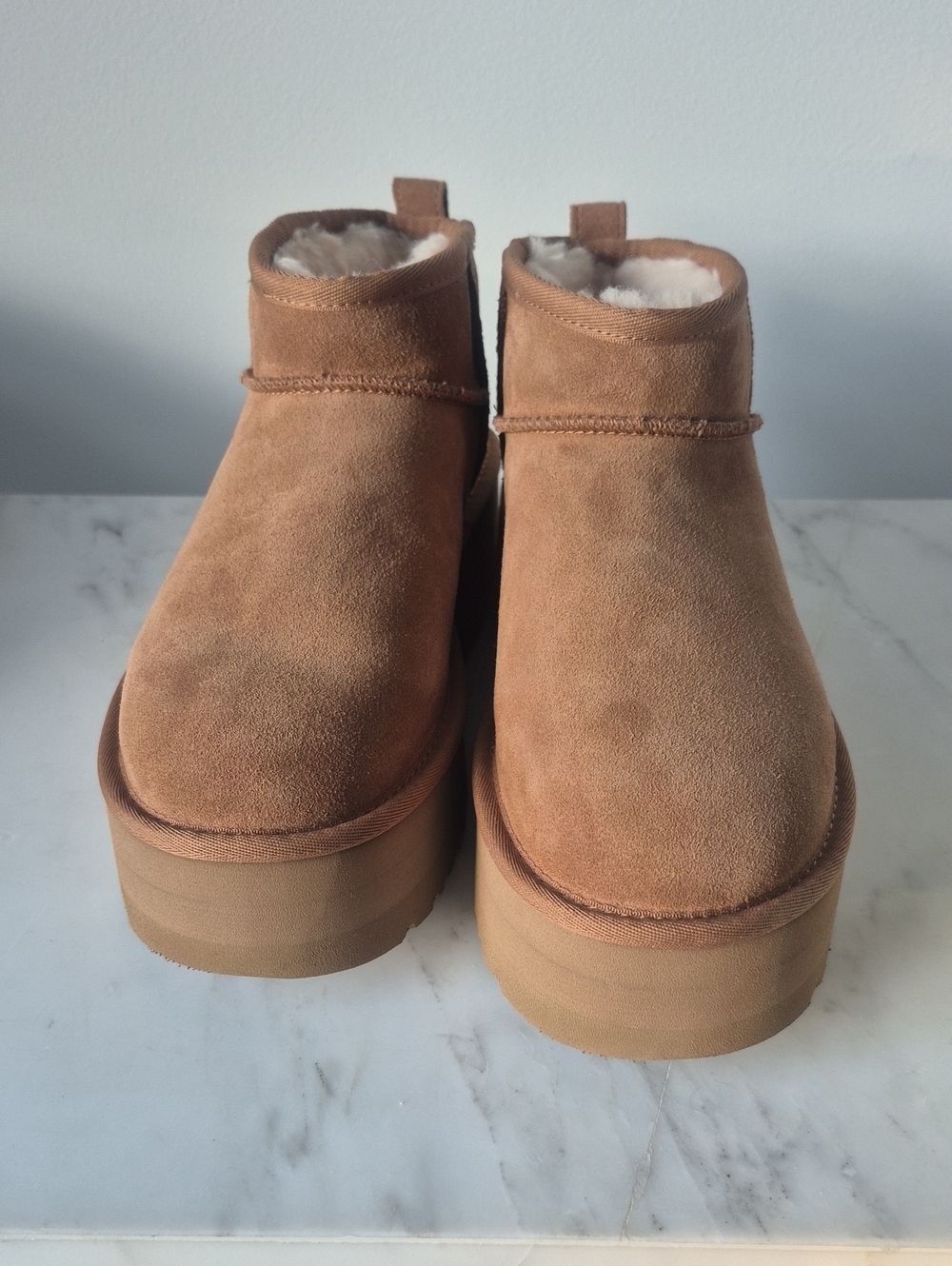 Suede Shearling-Lined. Platform Ankle Boot - Tan